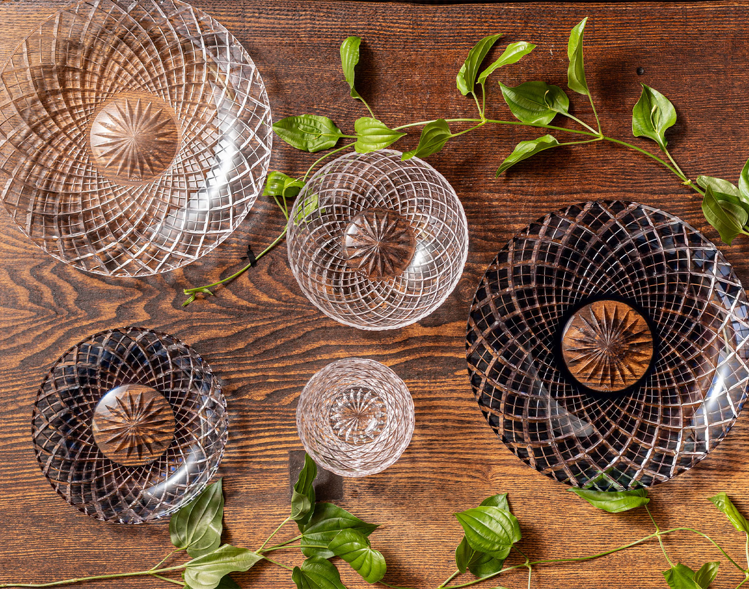 ◇時代菊花形ギヤマン小皿五客 青・緑・紫 義山 切子文様 和ガラス 江戸明治期